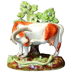 Antique Staffordshire Pearlware, Pottery Bocage Figure of a Cow