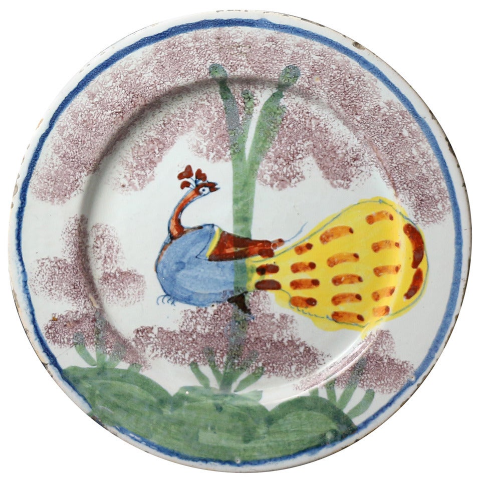 Bristol Pottery Delftware Plate Decorated in Polychrome with Peacock in a Tree For Sale