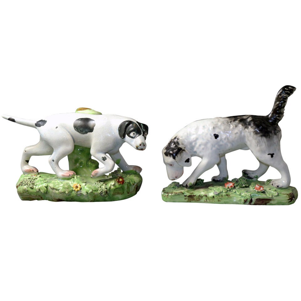 Antique Staffordshire Pottery Pair of Pointer and Setter Sporting Dogs For Sale