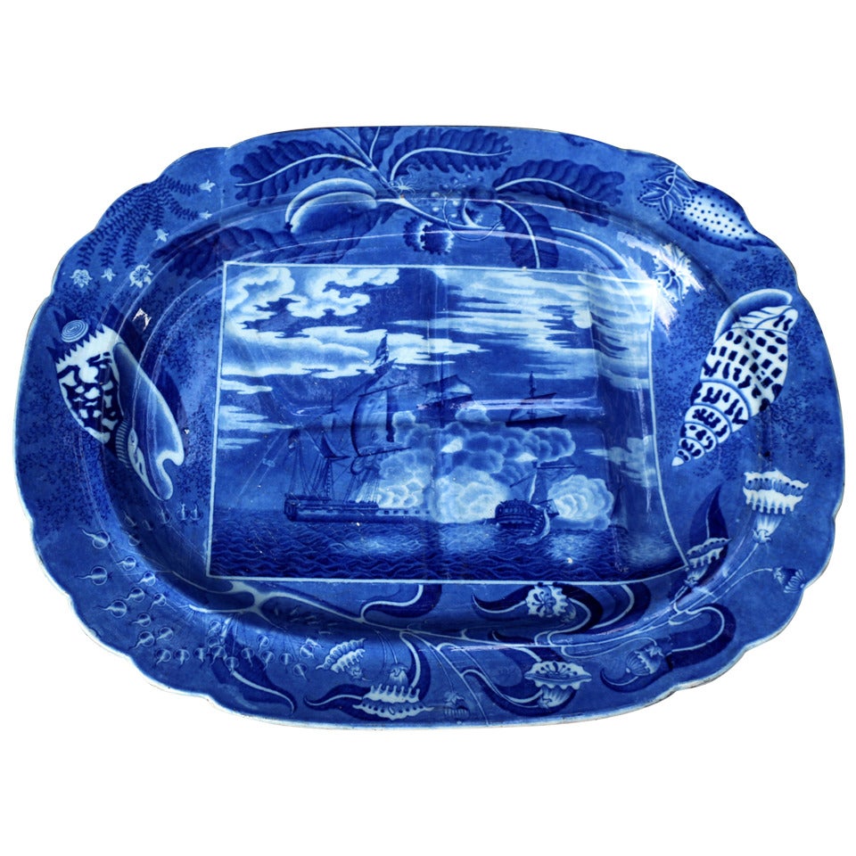 English Pottery Blue and White Platter with Print of the Naval Night Battle