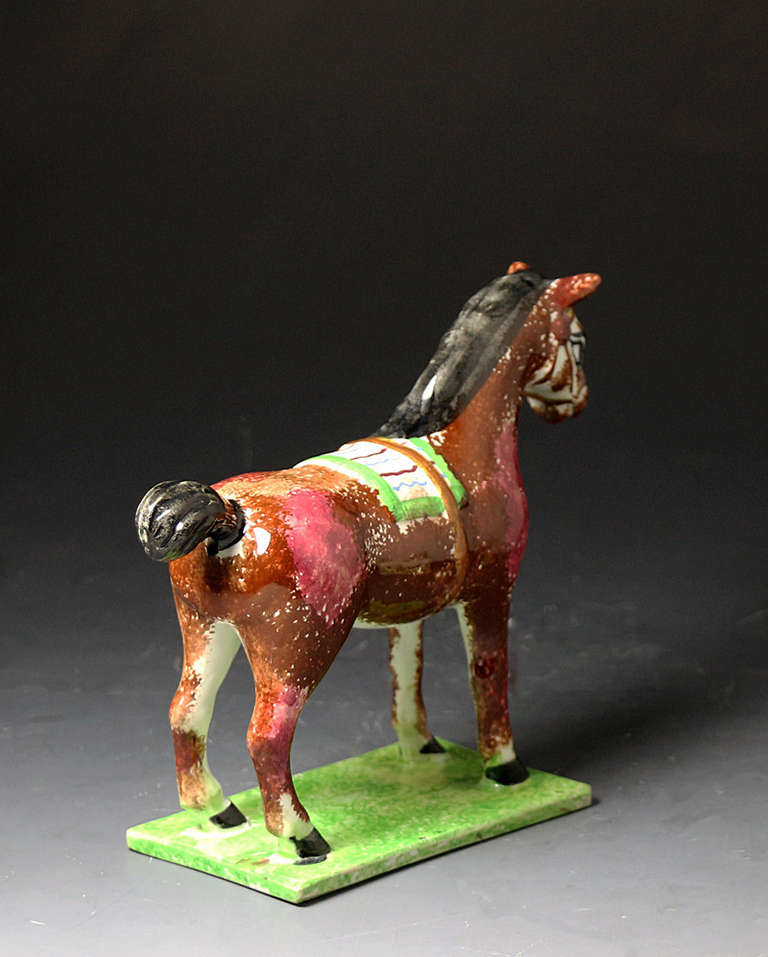 19th Century Antique English Pottery Figure of a Standing Horse on Base