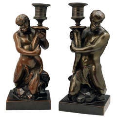 Pair Wood And Caldwell Pottery Triton Bronzed Candlesticks