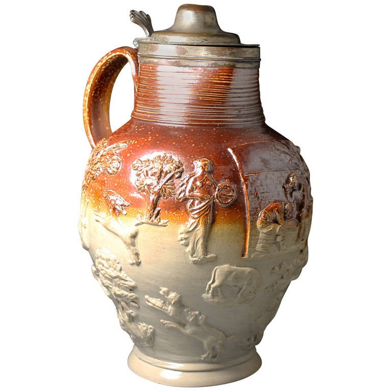 Antique Mortlake London, Stoneware Pitcher with Silver Plated Mount and