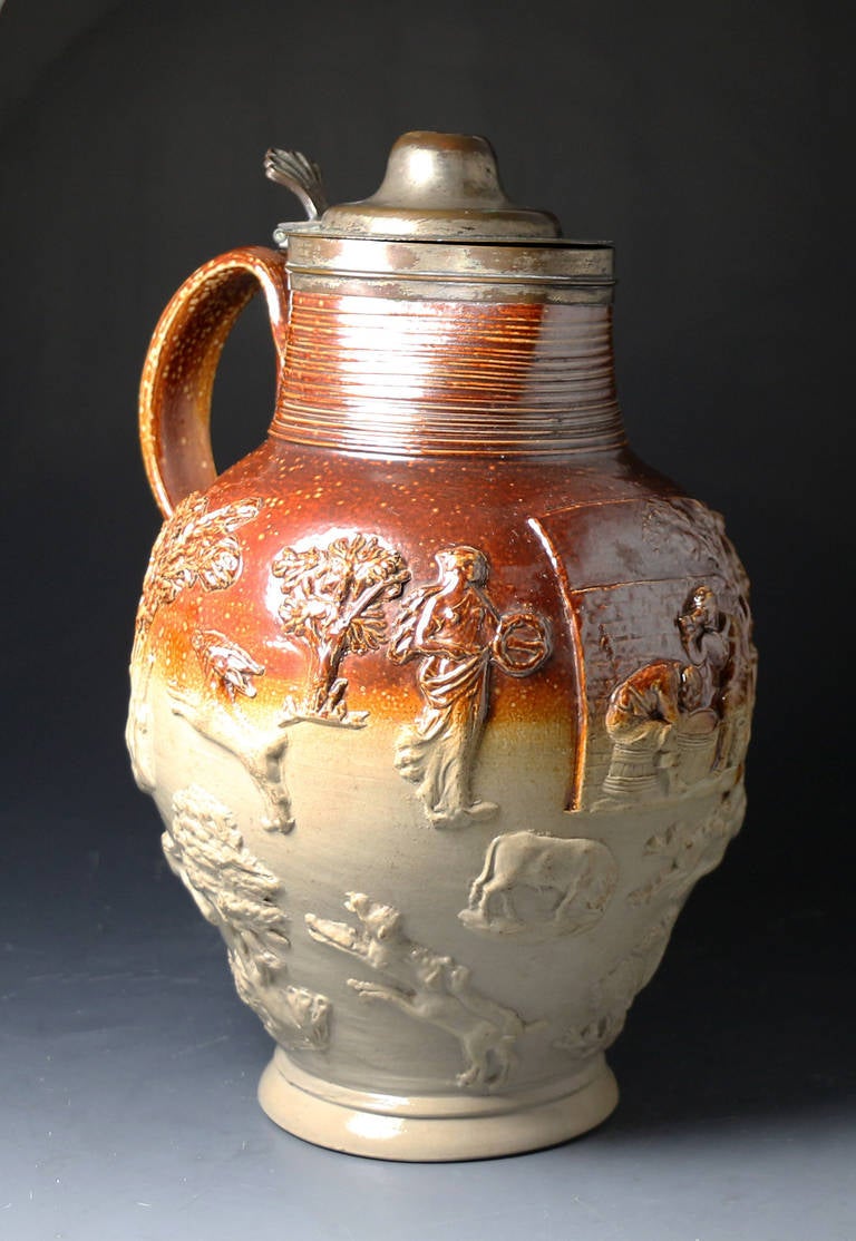 Antique Mortlake London, Stoneware Pitcher with Silver Plated Mount and