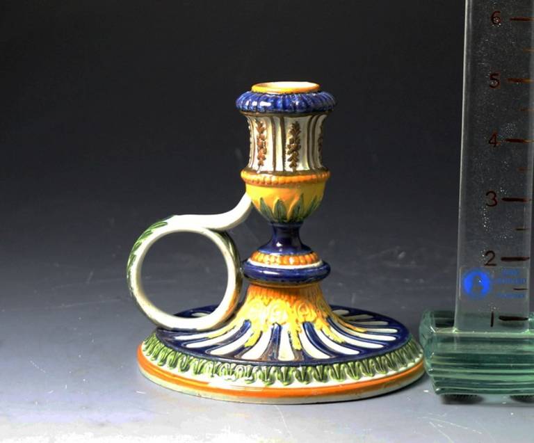 19th Century Antique English Pottery Prattware Chamber Candlestick