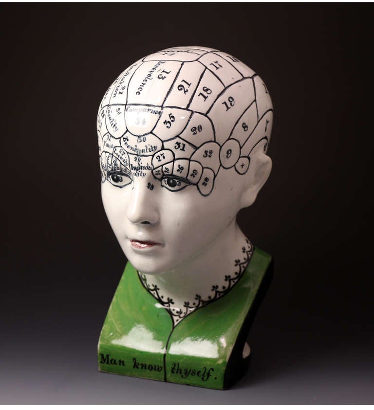 A very rare Scottish Pottery phrenology head. 
This figureis the largest version recorded in pottery and is esepecially unusual as represent a female head. The piece is in wonderful condition with no restorations, its well modelled with clearly