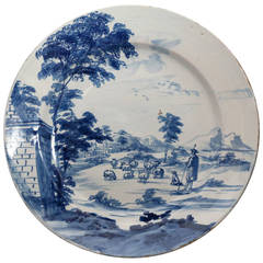 English Delftware Pottery Blue and White Plate with Shepherd and His Flock