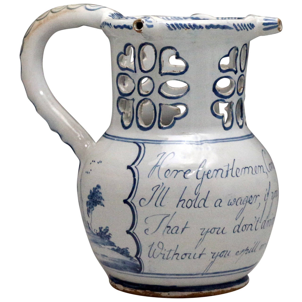 Antique Period English Delftware Pottery Puzzle Jug, circa 1760 at 1stDibs