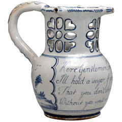 Antique Period English Delftware Pottery Puzzle Jug, circa 1760