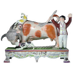 Antique Staffordshire Pearlware Pottery Table Base Figure of Bull Baitng