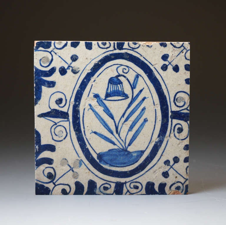 A rare Pickle Herring Pottery delftware tile in blue and white. 
Pieces from this early London workshop are very rare. 
This tile dates to the mid 17th century period.  

Provenance:  Private English Collection