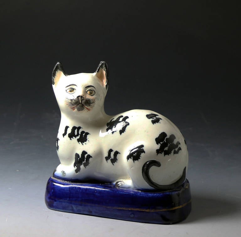 A fine example of a Staffordshire black and white figure of a cat on a blue base. 
The black decoration is underglaze.
