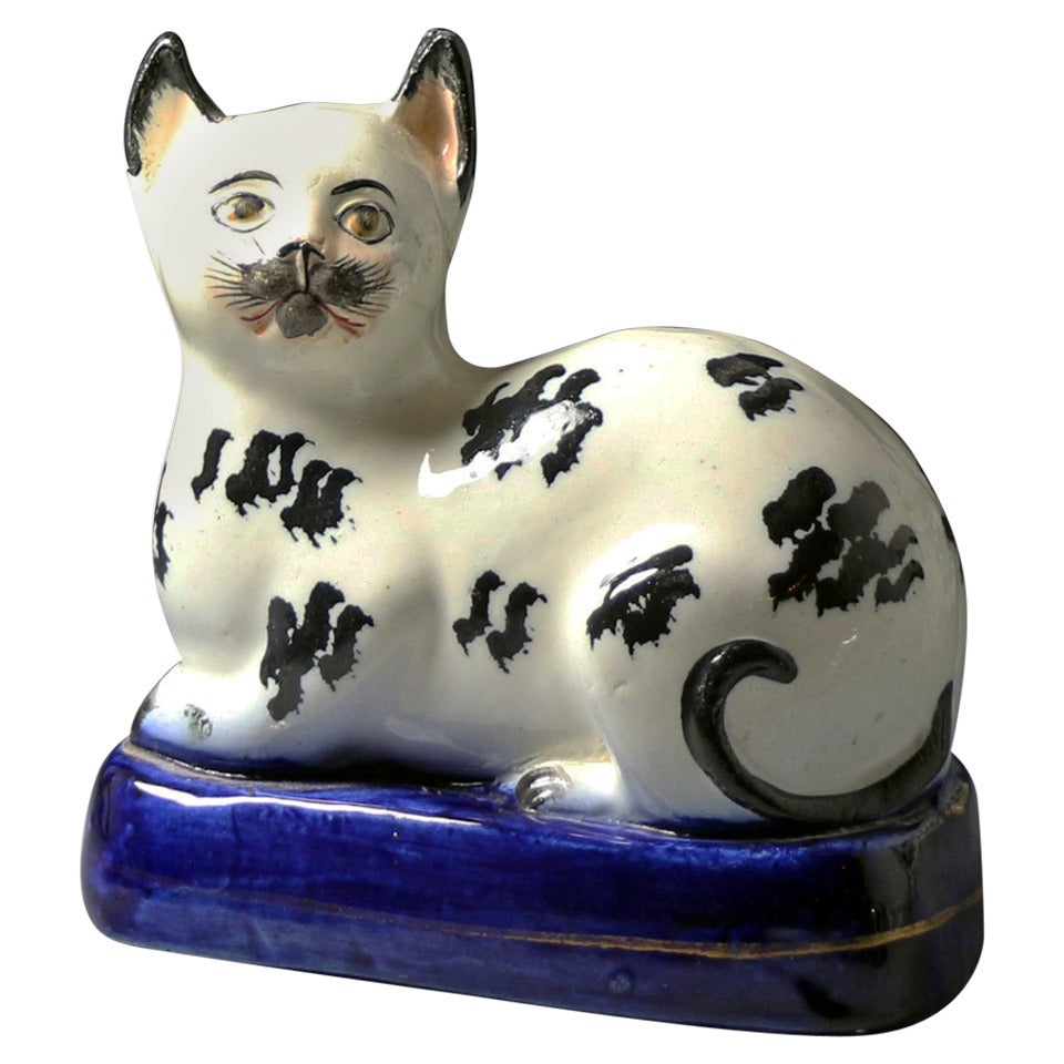 Antique Staffordshire Pottery Figure of a Black and White Cat