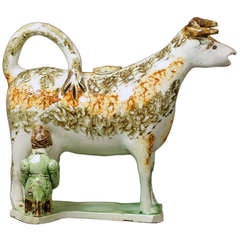 English Pottery Cow Creamer with Figure of a Milk Maid Antique