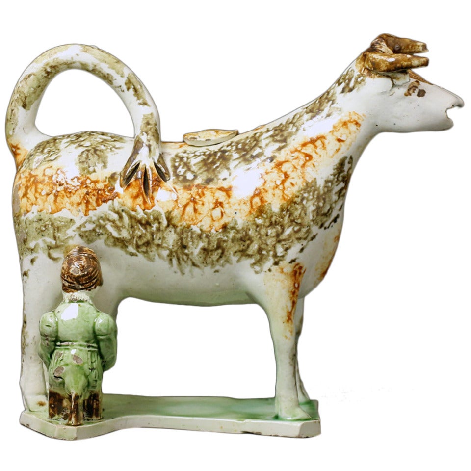 English Pottery Cow Creamer with Figure of a Milk Maid Antique For Sale
