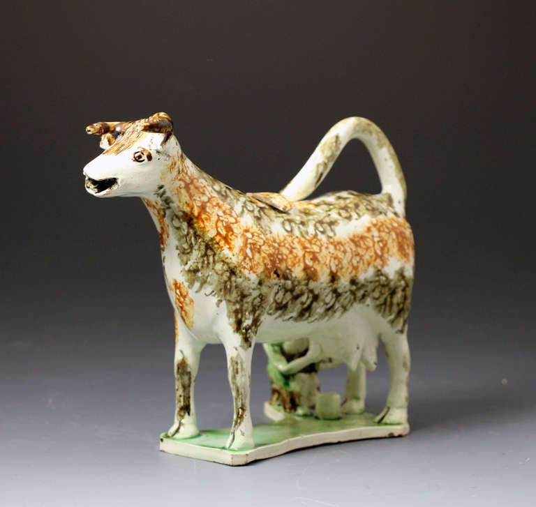 English Pottery Cow Creamer with Figure of a Milk Maid Antique In Excellent Condition For Sale In Woodstock, OXFORDSHIRE