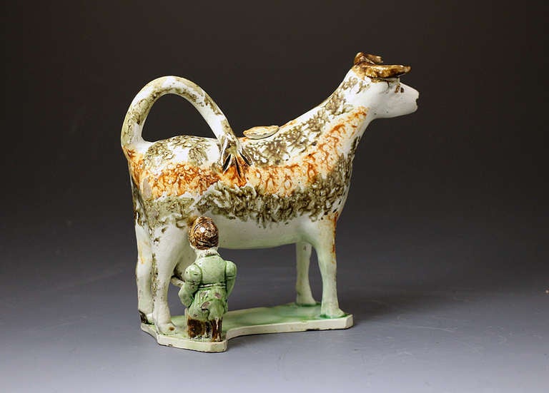 19th Century English Pottery Cow Creamer with Figure of a Milk Maid Antique For Sale