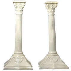 Pair Of Antique English Plain Creamware Pottery Candlesticks In Silver Shape
