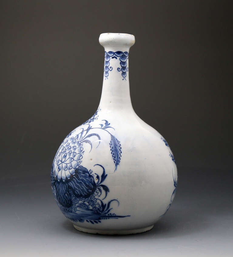 Antique Pottery English Delftware Water Bottle In Blue And White