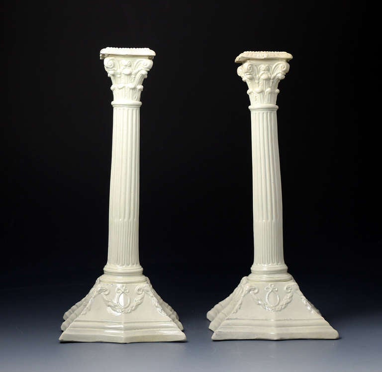 Pair Of Antique English Plain Creamware Pottery Candlesticks In Silver Shape