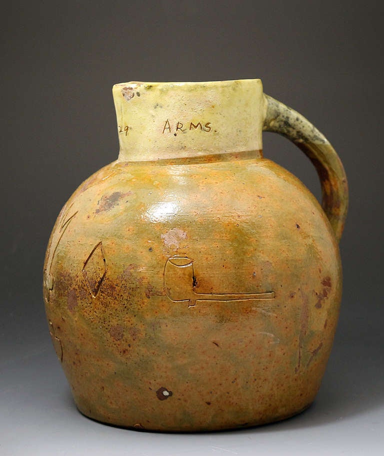 19th Century English Devon Pottery Cider Jug Inscribed Farmers Arms and Dated 1829