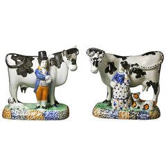 Antique Yorkshire Pottery Prattware Cows With Male And Female Attendants