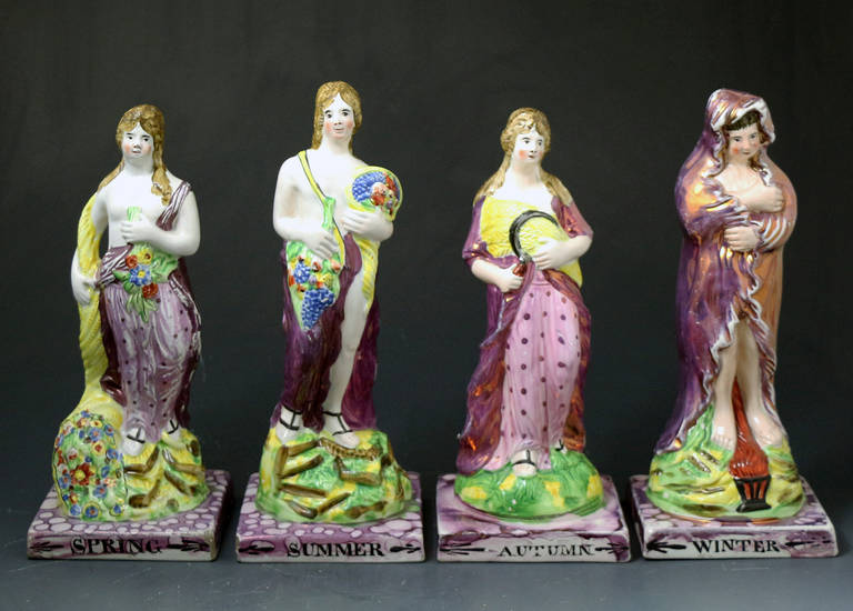 A fine set of figures in pink luster with enamel colours of emblematic of the Four Seasons. 
This rare and wonderfully modelled and decorated set is marked under the bases Dixon Austin and Co. It is increasingly rare to acquire a full and