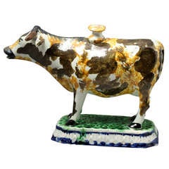 Antique Pottery Prattware Figure Cow Creamer, Staffordshire or Yorkshire Pottery