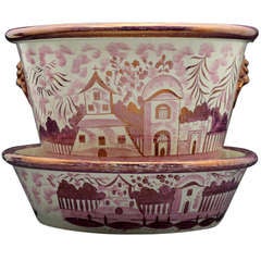 Pink Luster English Pottery Jardiniere with Original Stand Tray circa 1820