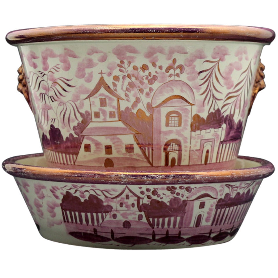 Pink Luster English Pottery Jardiniere with Original Stand Tray circa 1820