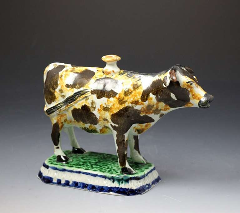 English Antique Pottery Prattware Figure Cow Creamer, Staffordshire or Yorkshire Pottery