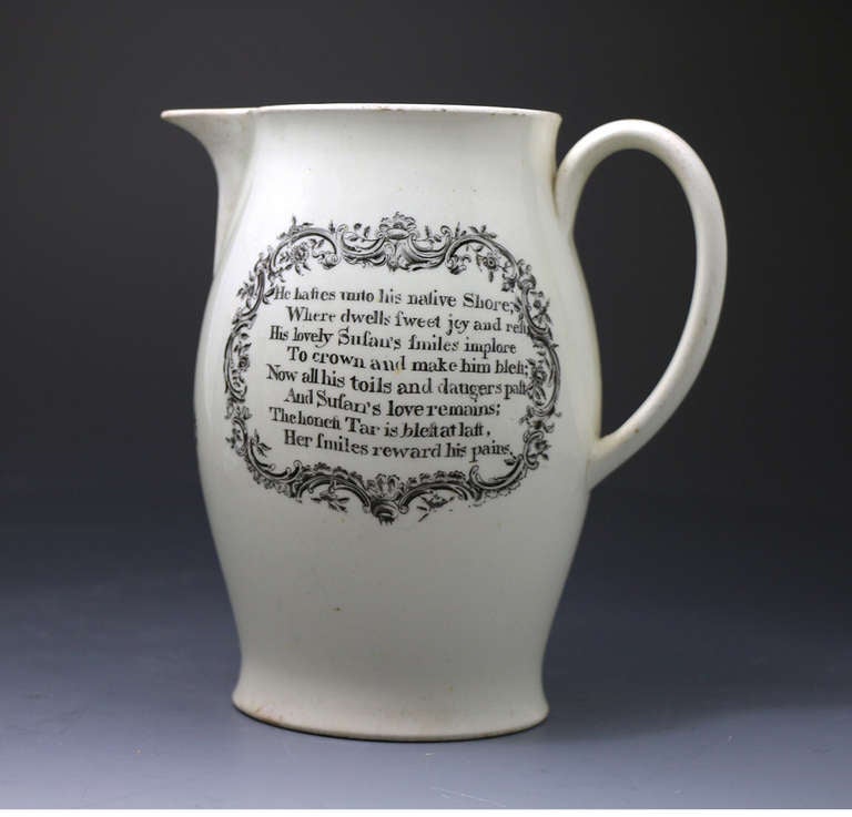Antique English Pottery Creamware Pitcher With Transfer Decorations In Excellent Condition In Woodstock, OXFORDSHIRE