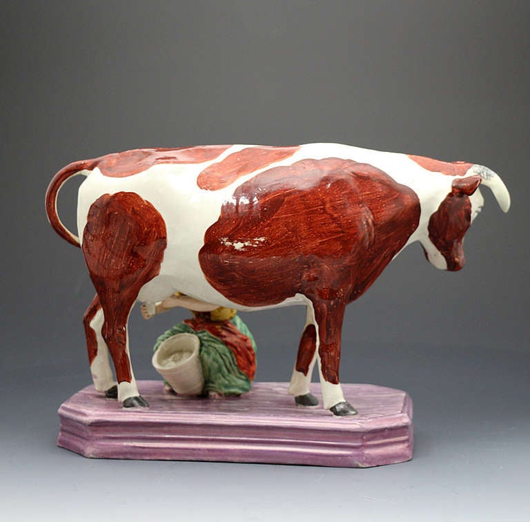 Large Figure of Cow and Milk Maid with a Pink Luster Base In Excellent Condition In Woodstock, OXFORDSHIRE