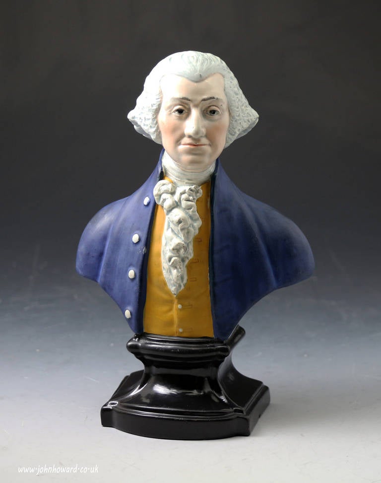 A good and rare antique Staffordshire bust of George Washington. 
The figure has an applied lozenge on the back with the dates of his birth 1732 and his death in 1799 a date of 1818 is also impressed with the maker mark Enoch Wood and an eagle