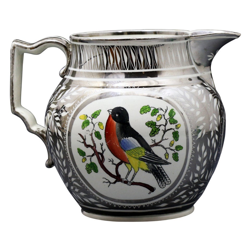 Antique Pottery Pitcher in Silver Luster with Image of Robin circa 1820