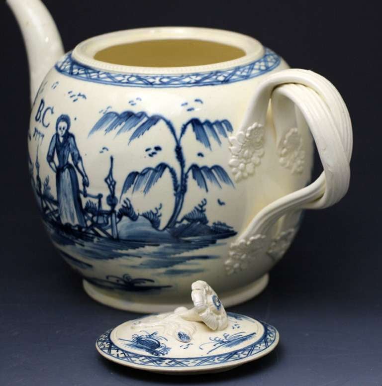 18th Century and Earlier English Antique Creamware Pottery Teapot In Underglaze Blue Dated 1777