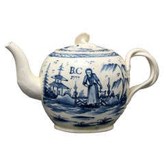 English Antique Creamware Pottery Teapot In Underglaze Blue Dated 1777