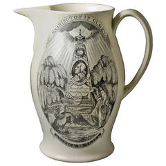 Antique English Pottery Creamware Pitcher with Print of "Washington in Glory"