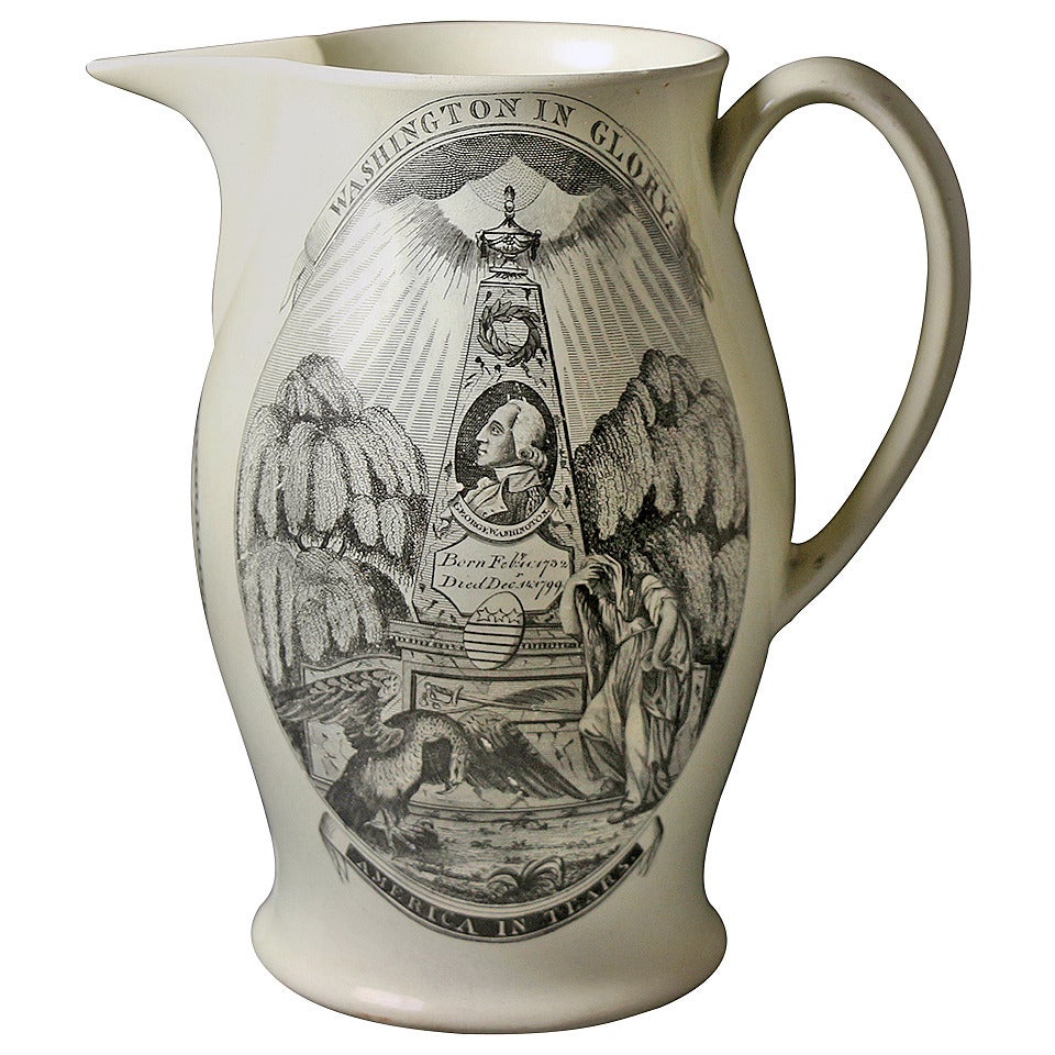 Antique English Pottery Creamware Pitcher with Print of "Washington in Glory"