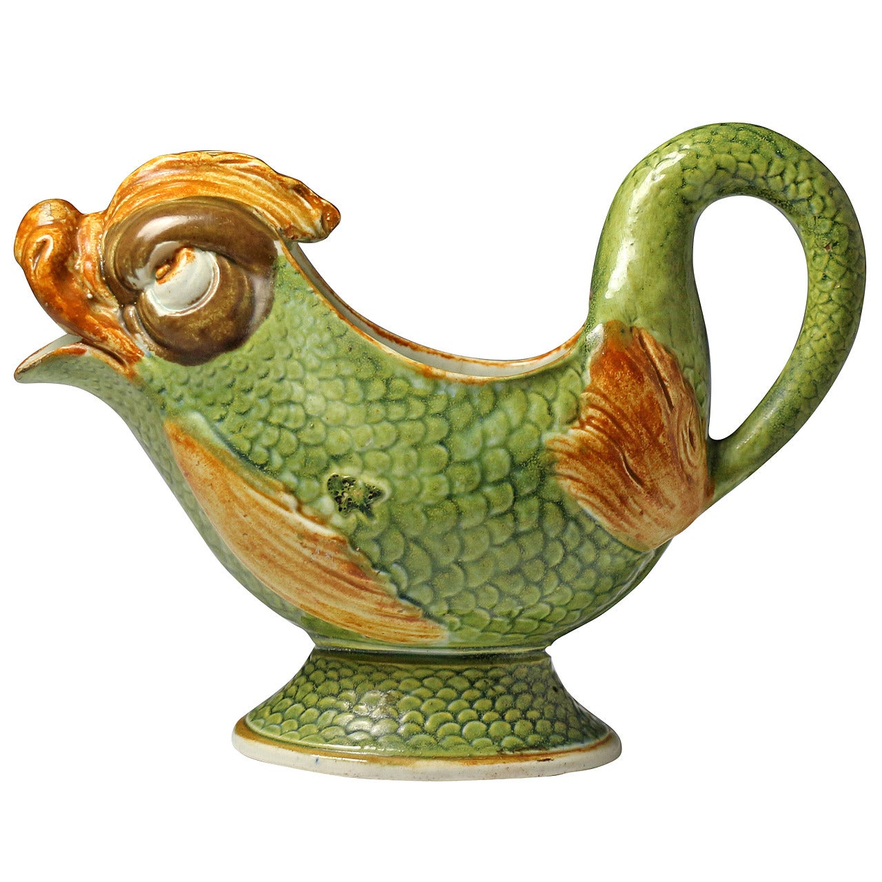 Antique English Pottery Prattware Sauce Boat in the Form of a Dolphin