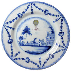 Antique English delftware pottery Balloon plate, London c1785