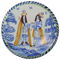 Englsih Delftware Pottery Blue Dash Charger of King William and Queen Mary