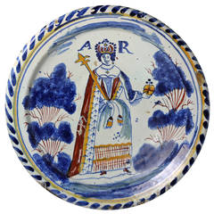English Delftware Pottery Blue Dash Royalty Portrait Charger of Queen Anne