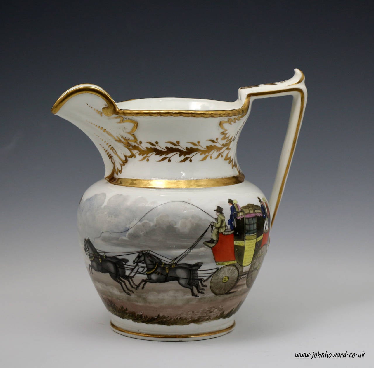A fine quality antique pitcher with hand decorated coaching scene. 
Made in the early 19th century.