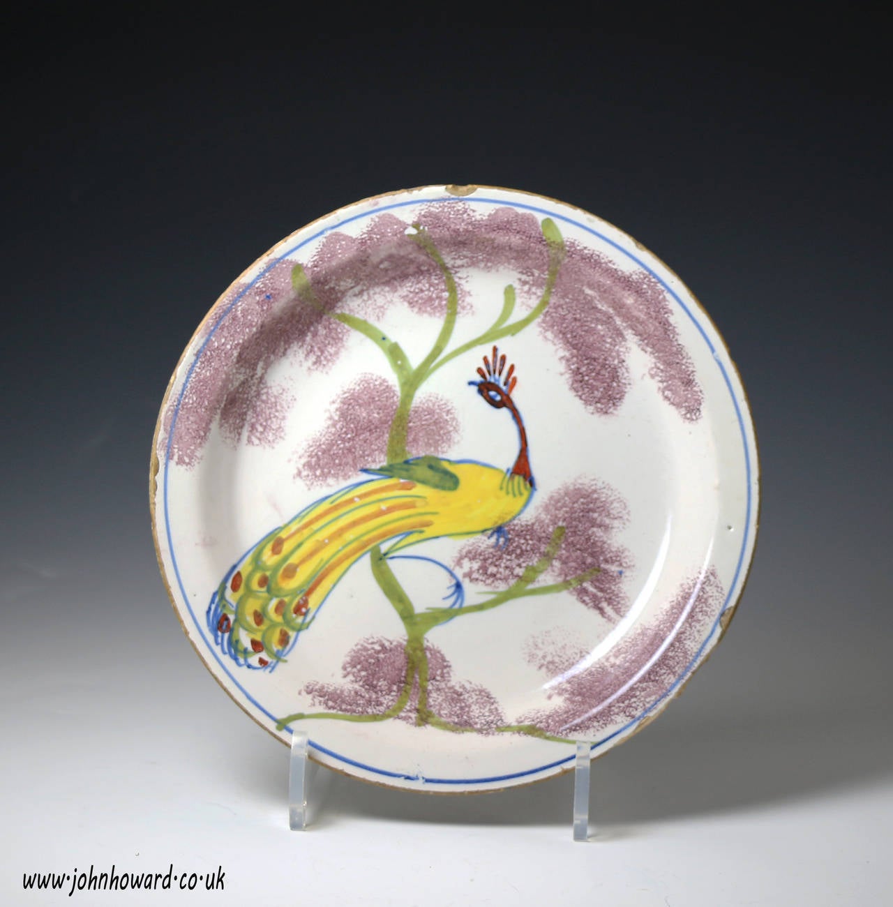 English Delftware Farm Plate with Peacock in Tree, Bristol circa 1725