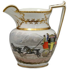 Antique English porcelain pitcher with hand decoarted coaching scene