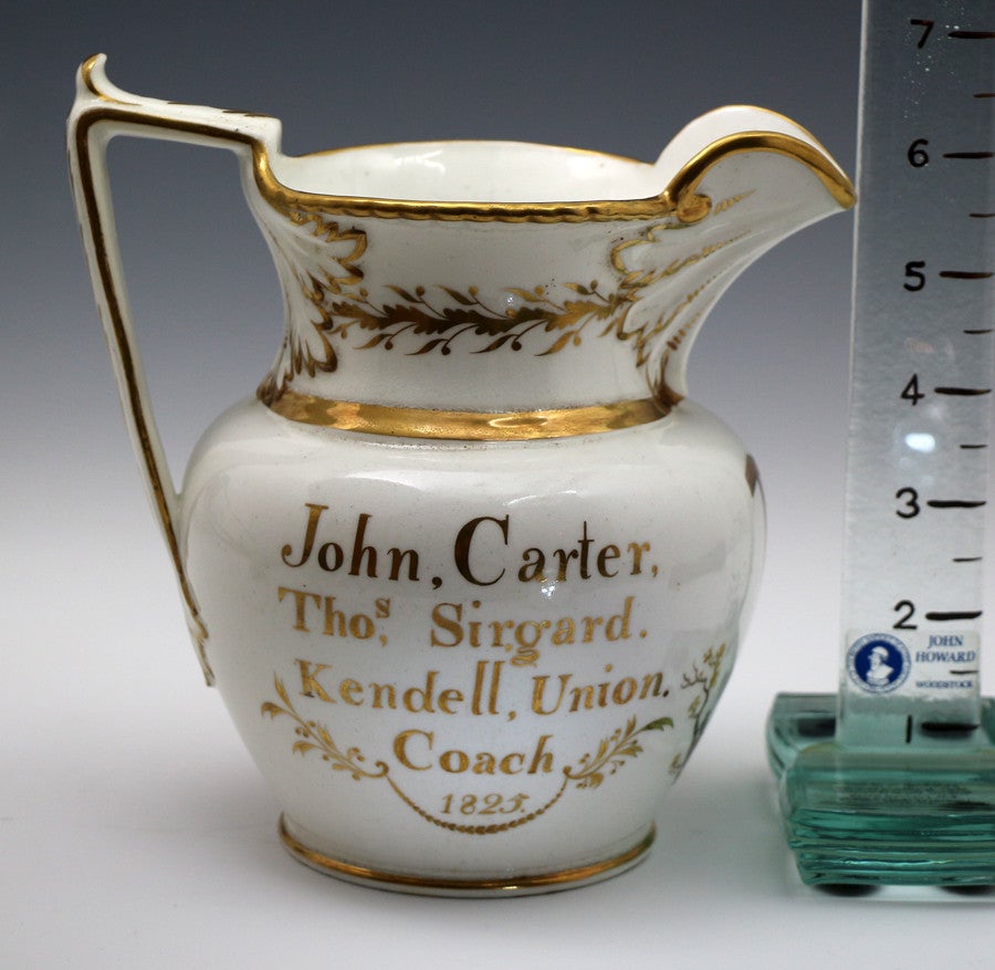 British Antique English porcelain pitcher with hand decoarted coaching scene