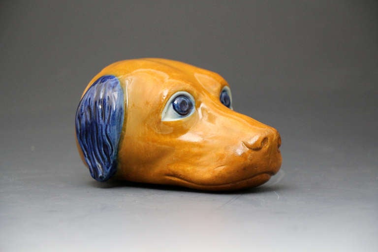 Antique English Pottery Prattware Figure of Hounds Head in the Form of a Stirrup Cup