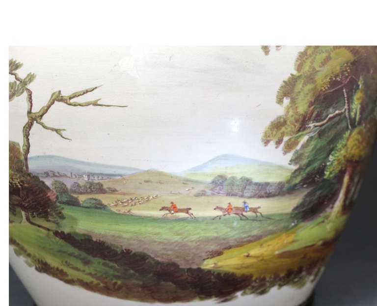 Antique English Pottery Pitcher Large Scaled with Hand Painted Rural Scenes of a Fox Hunt Dated 1813 In Excellent Condition In Woodstock, OXFORDSHIRE