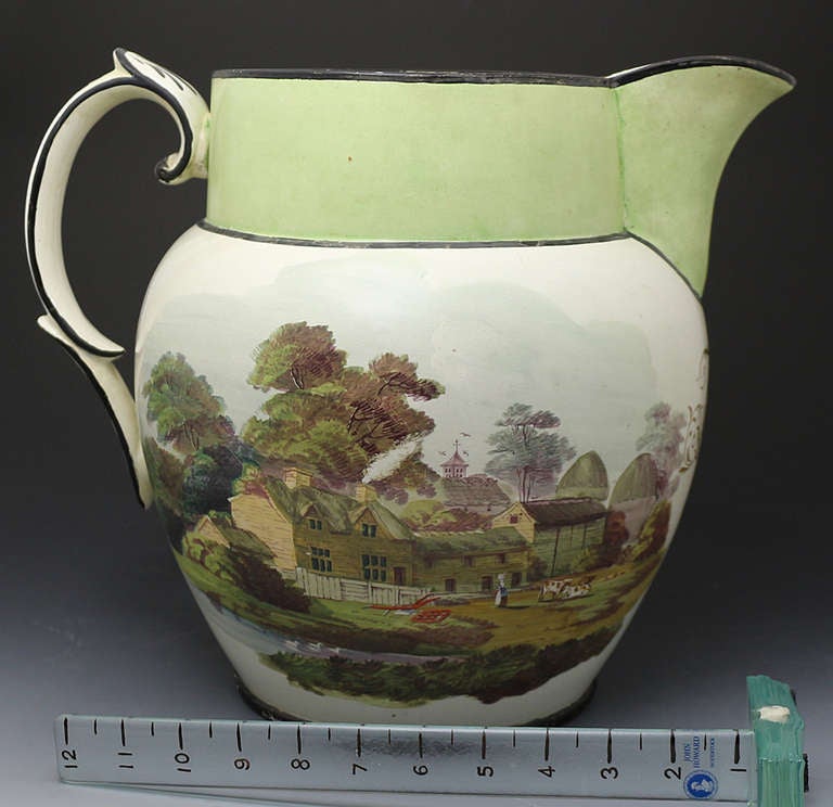 19th Century Antique English Pottery Pitcher Large Scaled with Hand Painted Rural Scenes of a Fox Hunt Dated 1813